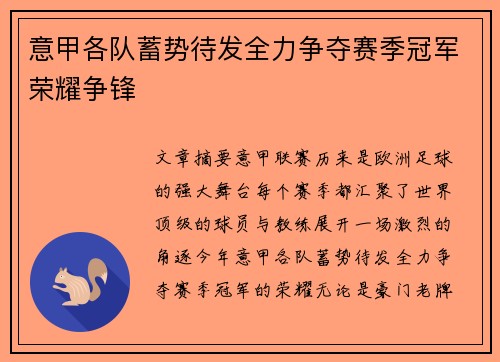 意甲各队蓄势待发全力争夺赛季冠军荣耀争锋