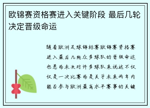 欧锦赛资格赛进入关键阶段 最后几轮决定晋级命运