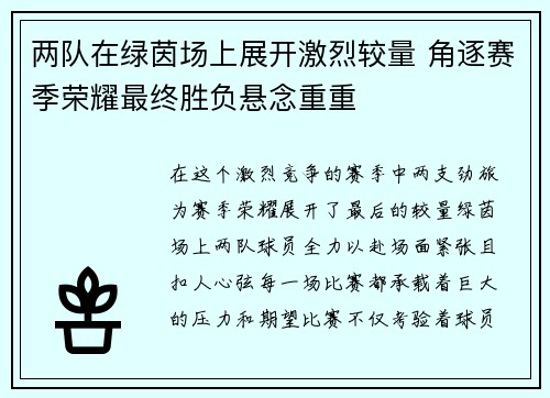 两队在绿茵场上展开激烈较量 角逐赛季荣耀最终胜负悬念重重