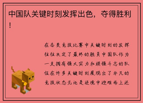 中国队关键时刻发挥出色，夺得胜利！